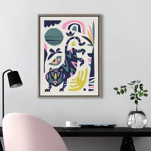 Kate and Laurel Sylvie MidCentury Modern Tiger and Bird Framed Canvas Wall Art by Rachel Lee of My Dream Wall 18x24 Gray Chic Animal Art Print for Wall