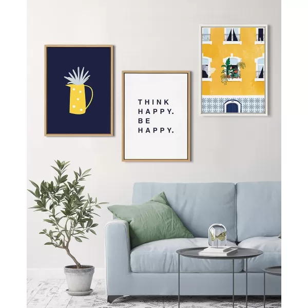 Kate and Laurel Sylvie Think Happy Be Happy Blue Framed Canvas Wall Art by Maggie Price 18x24 Natural Motivational Art for Home or Office