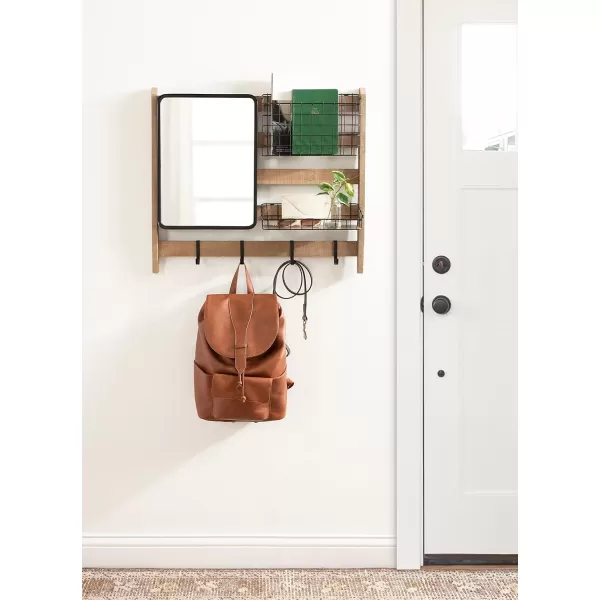 Kate and Laurel Tanner Wall Organizer with Mirror and Hooks 28 x 8 x 24 Rustic Brown and Black Farmhouse Wall Organization Home Office Station with Baskets for Modular StorageRustic BrownBlack