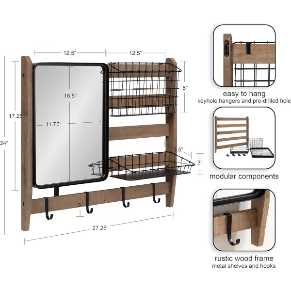 Kate and Laurel Tanner Wall Organizer with Mirror and Hooks 28 x 8 x 24 Rustic Brown and Black Farmhouse Wall Organization Home Office Station with Baskets for Modular StorageRustic BrownBlack