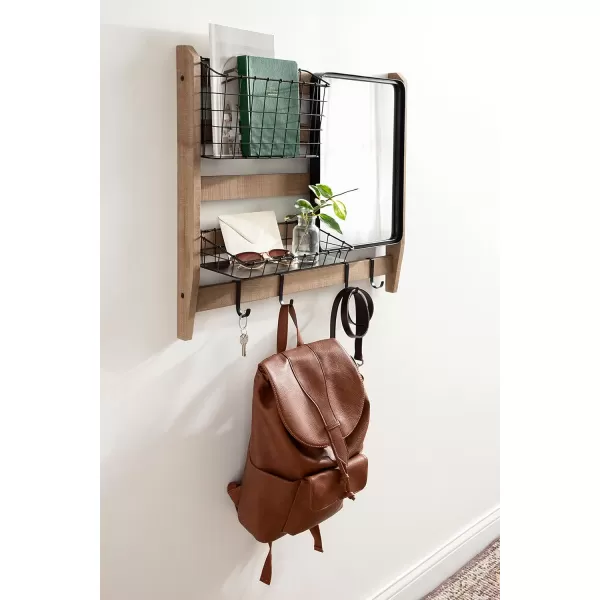 Kate and Laurel Tanner Wall Organizer with Mirror and Hooks 28 x 8 x 24 Rustic Brown and Black Farmhouse Wall Organization Home Office Station with Baskets for Modular StorageRustic BrownBlack