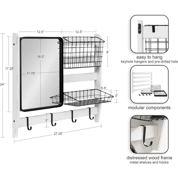 Kate and Laurel Tanner Wall Organizer with Mirror and Hooks 28 x 8 x 24 Rustic Brown and Black Farmhouse Wall Organization Home Office Station with Baskets for Modular StorageWhiteBlack