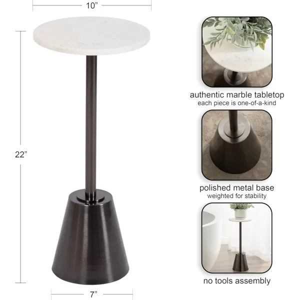 Kate and Laurel Tira Elegant Round Drink Table 10 x 22 White Marble and Gray Gunmetal Modern Glam Circle Martini Table for Use as a Small Bedroom Nightstand or Living Room Plant Stand OptionPewter