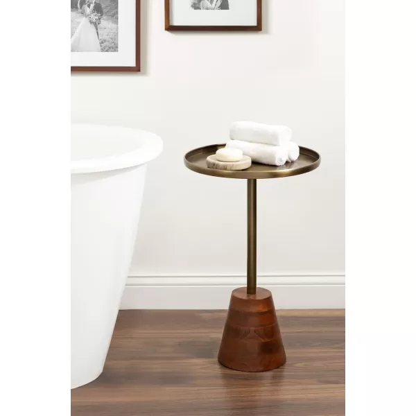 Kate and Laurel Tira Elegant Round Side Table 14 x 24 Black Agate and Gold Modern Glam Circular End Table with OneofaKind Natural Stone TabletopWalnut BrownGold