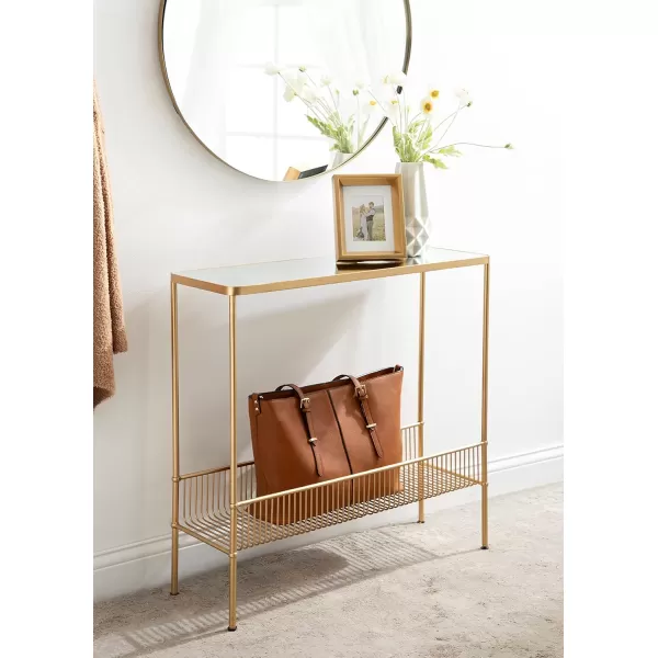 Kate and Laurel Trubey Narrow Elegant Console Table 30 x 30 x 10 Modern Glam Slim Entryway Table with Bottom Wire Storage Rack and Mirrored Tabletop