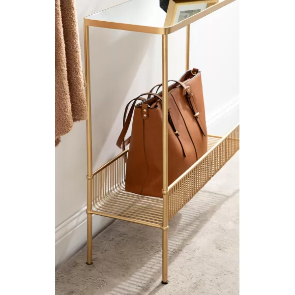 Kate and Laurel Trubey Narrow Elegant Console Table 30 x 30 x 10 Modern Glam Slim Entryway Table with Bottom Wire Storage Rack and Mirrored Tabletop