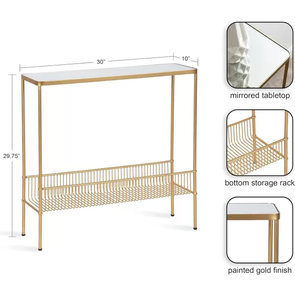 Kate and Laurel Trubey Narrow Elegant Console Table 30 x 30 x 10 Modern Glam Slim Entryway Table with Bottom Wire Storage Rack and Mirrored Tabletop