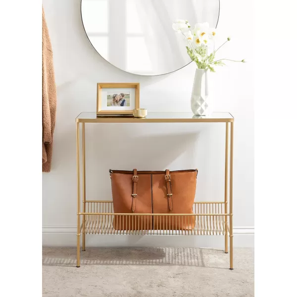 Kate and Laurel Trubey Narrow Elegant Console Table 30 x 30 x 10 Modern Glam Slim Entryway Table with Bottom Wire Storage Rack and Mirrored Tabletop