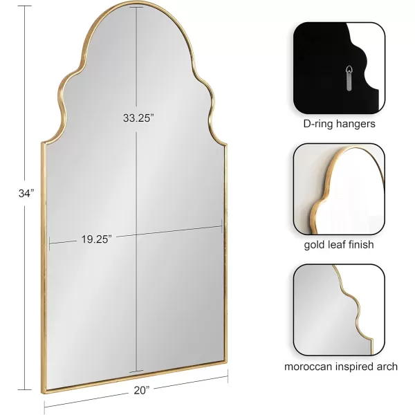 Kate and Laurel Vania Moroccan Arch Decorative Wall Mirror 20 x 34 Gold Modern Arched Scalloped Boho Mirror with Large Size for Stunning Home DecorGold