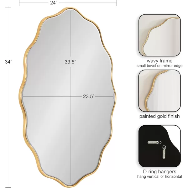 Kate and Laurel Viona Modern Scalloped Oval Mirror 24 x 34 Gold Decorative Round Wall Mirror with Unique Rippled Edge and a Glamorous Gold Finish