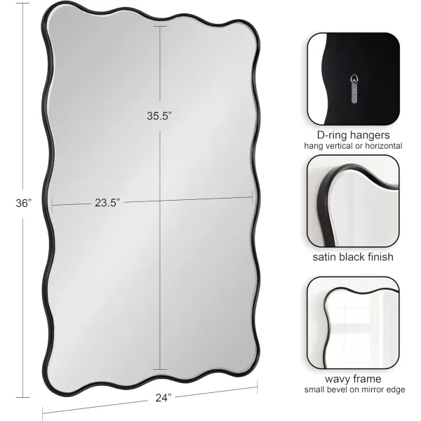 Kate and Laurel Viona Modern Scalloped Rectangle Mirror 24 x 36 Black Decorative Wavy Mirror with Unique Rippled Edge for Use as Bathroom Vanity Mirror
