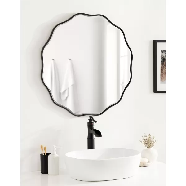 Kate and Laurel Viona Modern Scalloped Round Mirror 32 Inch Diameter Black Decorative Wavy Circle Mirror with Unique Rippled Edge for Use as Bathroom Vanity MirrorBlack