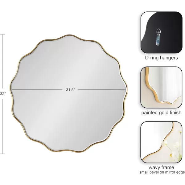 Kate and Laurel Viona Modern Scalloped Round Mirror 32 Inch Diameter Black Decorative Wavy Circle Mirror with Unique Rippled Edge for Use as Bathroom Vanity MirrorGold