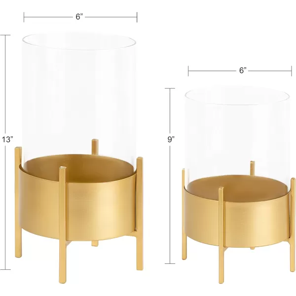 Kate and Laurel Wayde Modern Metal Glass Pillar Candle Holders Set of 2 Gold Decorative Candle Stands for Centerpieces or Living Room DecorationsGold