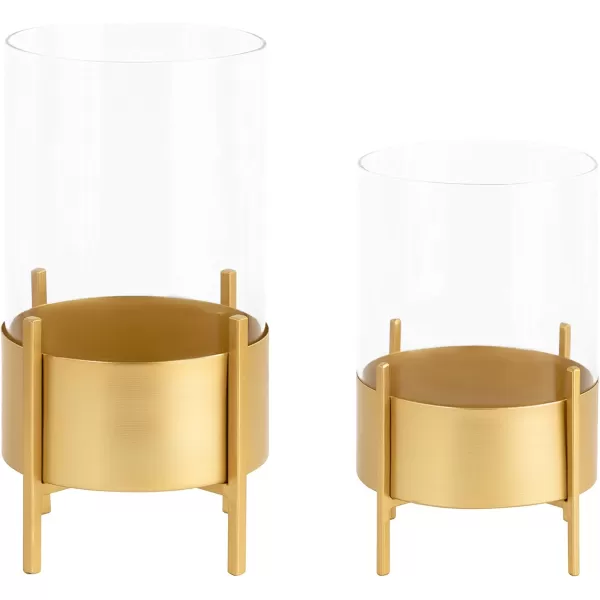 Kate and Laurel Wayde Modern Metal Glass Pillar Candle Holders Set of 2 Gold Decorative Candle Stands for Centerpieces or Living Room DecorationsGold
