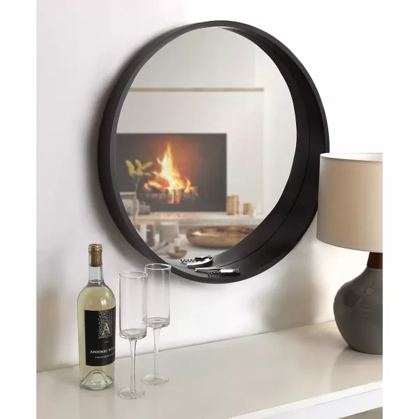 Kate and Laurel Wheeler Graduated Wood Framed Round Mirror 24 inch Diameter Black Chic Modern Wall Accent with ShelfBlack