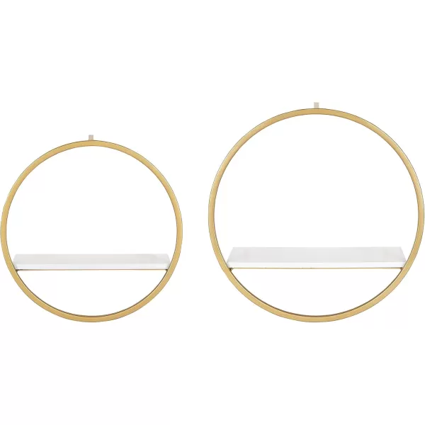 Kate and Laurel Wicks Modern Glam Floating Wall Shelf Set of 2  Round Gold Metal Frame with White Painted Solid Wood Shelf BoardsWhiteGold