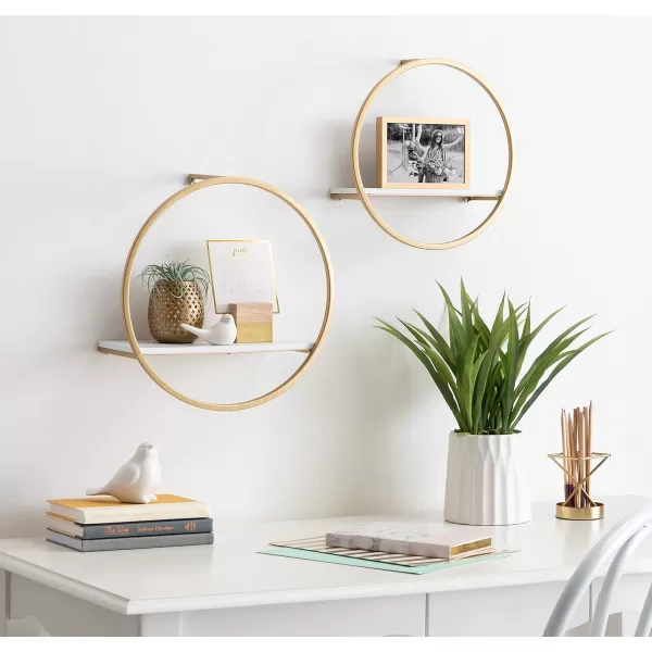 Kate and Laurel Wicks Modern Glam Floating Wall Shelf Set of 2  Round Gold Metal Frame with White Painted Solid Wood Shelf BoardsWhiteGold