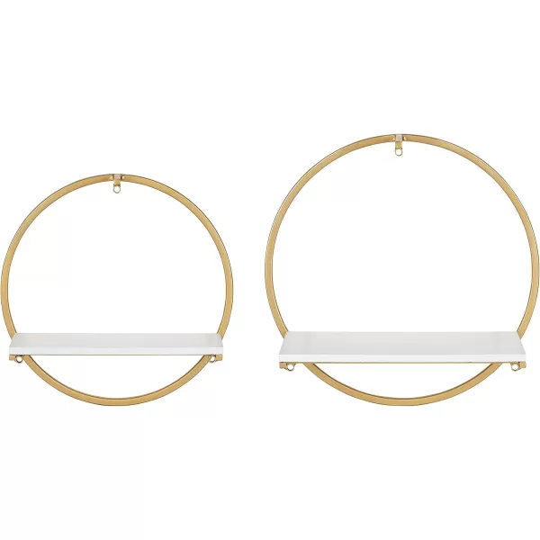 Kate and Laurel Wicks Modern Glam Floating Wall Shelf Set of 2  Round Gold Metal Frame with White Painted Solid Wood Shelf BoardsWhiteGold