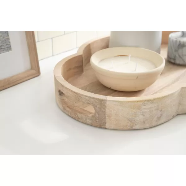 Kate and Laurel Winstead Decorative Rounded Oval Wood Tray 20 x 14 x 3 Light Natural Wood Scalloped Serving Tray with Handles as Tray for Ottoman Coffee Table