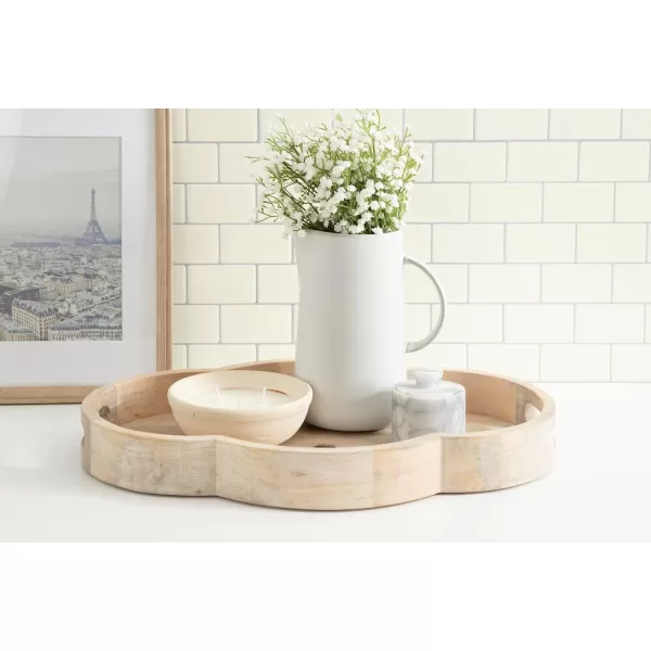 Kate and Laurel Winstead Decorative Rounded Oval Wood Tray 20 x 14 x 3 Light Natural Wood Scalloped Serving Tray with Handles as Tray for Ottoman Coffee Table