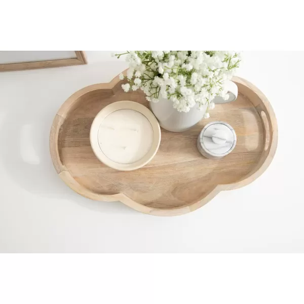 Kate and Laurel Winstead Decorative Rounded Oval Wood Tray 20 x 14 x 3 Light Natural Wood Scalloped Serving Tray with Handles as Tray for Ottoman Coffee Table