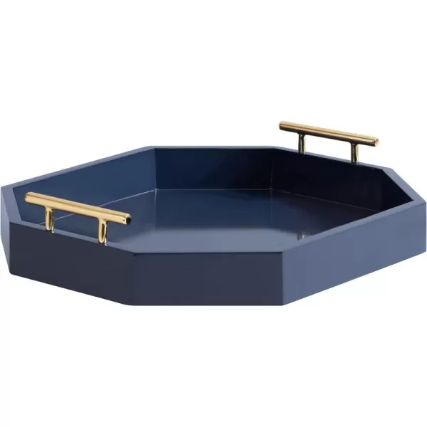 Kate And Laurel Lipton Oblong Octagon Decorative Tray 14 X 18 Navy and Gold Display Tray with Polished Metal Handles