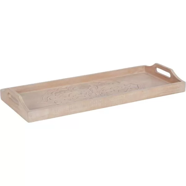 Kate and Laurel Adhira Carved Decorative Rectangle Tray 24 x 10 Natural Wood Traditional Display Tray with Handles and Hand Carved Wooden Pattern