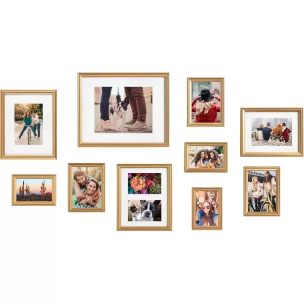 Kate and Laurel Adlynn Photo Frame Set Set of 10 Varying Sizes Gold Traditional Glam Frame Collection for WallGold