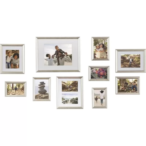 Kate and Laurel Adlynn Photo Frame Set Set of 10 Varying Sizes Gold Traditional Glam Frame Collection for WallSilver