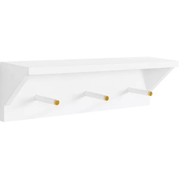 Kate and Laurel Adlynn Wood Wall Shelf with Pegs 18 x 4 x 5 White Functional Glam Storage Shelf with 3 Hooks