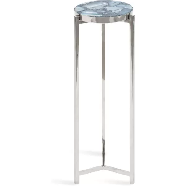 Kate and Laurel Aguilar Modern Round Drink Table 8 x 8 x 23 Blue and Silver Small Accent Table for Use as Plant Pedestal Stand with Agate Stone TabletopBlueSilver