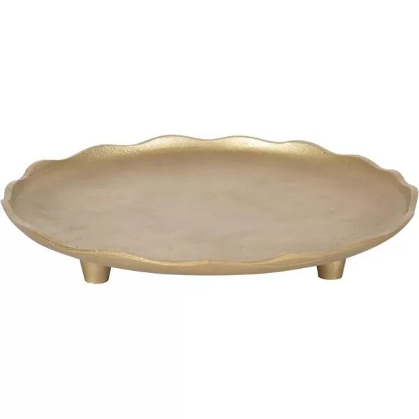 Kate and Laurel Alessia Modern Decorative Scalloped Round Footed Metal Tray 16 Inch Diameter Gold FoodSafe Cast Aluminum Pedestal Transitional Tray with Rough Texture and Deckled EdgeGold