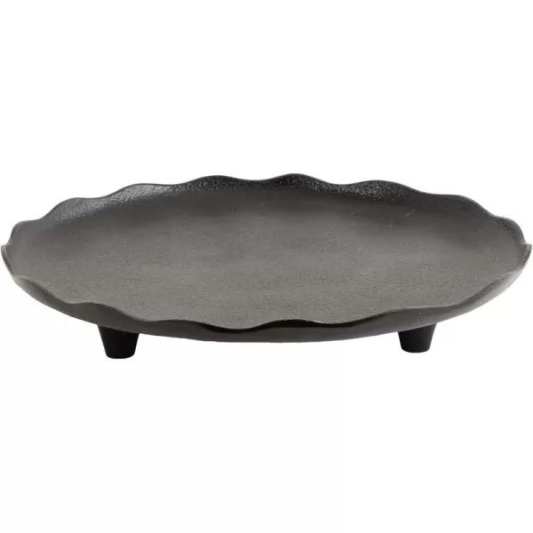 Kate and Laurel Alessia Modern Decorative Scalloped Round Footed Metal Tray 16 Inch Diameter Gold FoodSafe Cast Aluminum Pedestal Transitional Tray with Rough Texture and Deckled EdgeBlack