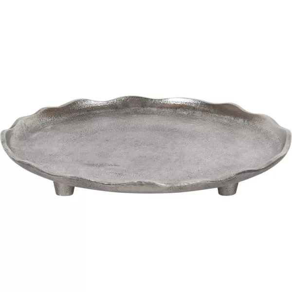 Kate and Laurel Alessia Modern Decorative Scalloped Round Footed Metal Tray 16 Inch Diameter Gold FoodSafe Cast Aluminum Pedestal Transitional Tray with Rough Texture and Deckled EdgeSilver