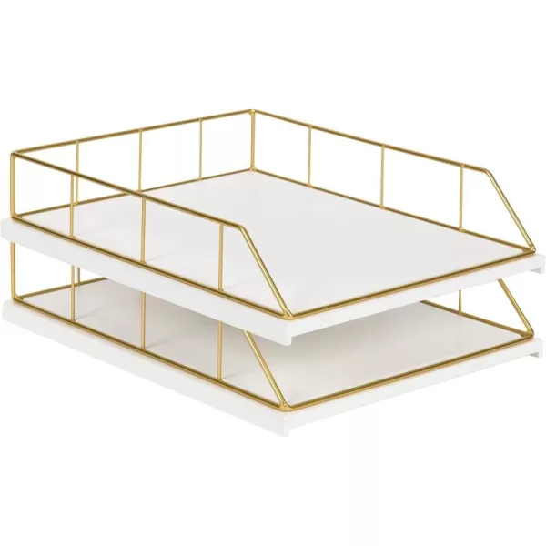 Kate and Laurel Benbrook Stacked Metal and Wood Letter Trays White and GoldWhiteGold
