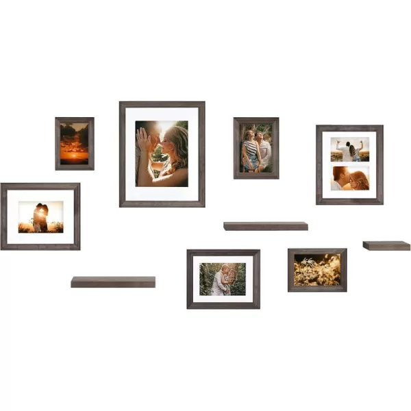 Kate and Laurel Bordeaux Gallery Wall Frame and Shelf Kit Set of 10 Natural Assorted Size Frames with Wood Finish and Three Display Shelves IncludedGrey