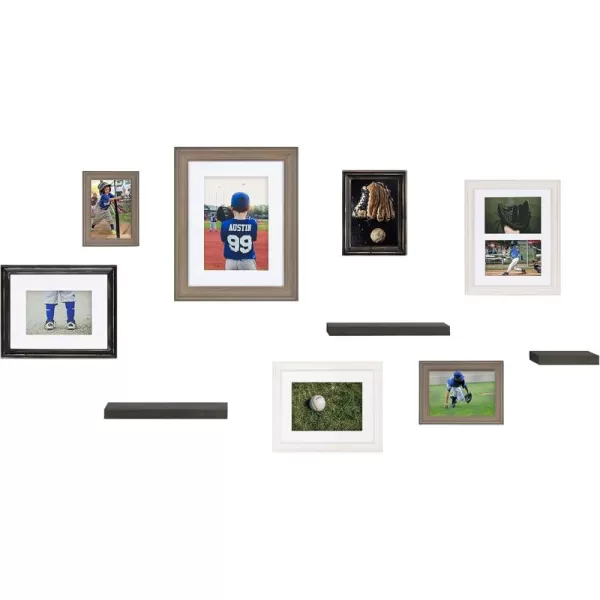 Kate and Laurel Bordeaux Gallery Wall Frame and Shelf Kit Set of 10 Natural Assorted Size Frames with Wood Finish and Three Display Shelves IncludedMultiBlack