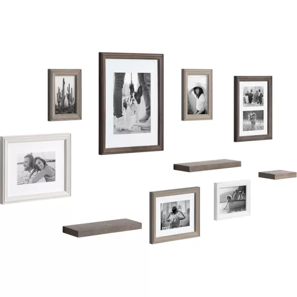 Kate and Laurel Bordeaux Gallery Wall Frame and Shelf Kit Set of 10 Natural Assorted Size Frames with Wood Finish and Three Display Shelves IncludedMultiGray