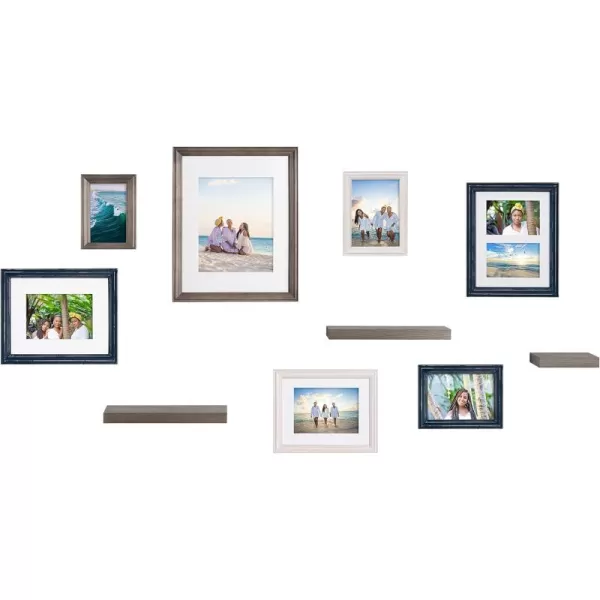 Kate and Laurel Bordeaux Gallery Wall Frame and Shelf Kit Set of 10 Natural Assorted Size Frames with Wood Finish and Three Display Shelves IncludedMultiBlue