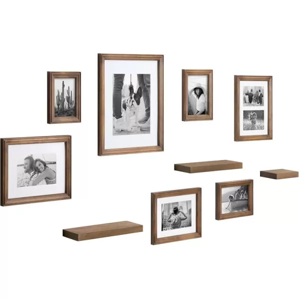 Kate and Laurel Bordeaux Gallery Wall Frame and Shelf Kit Set of 10 Natural Assorted Size Frames with Wood Finish and Three Display Shelves IncludedNatural