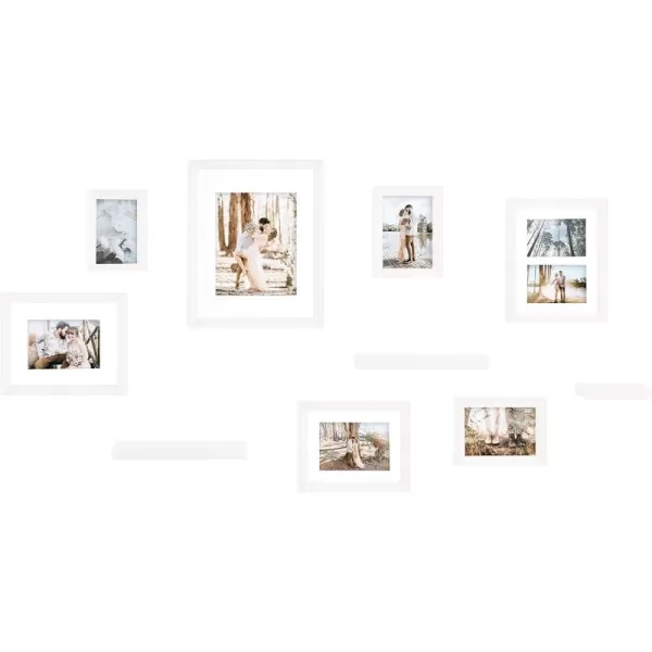 Kate and Laurel Bordeaux Gallery Wall Frame and Shelf Kit Set of 10 Natural Assorted Size Frames with Wood Finish and Three Display Shelves IncludedWhite