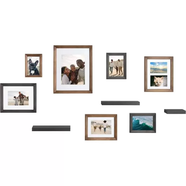 Kate and Laurel Bordeaux Gallery Wall Frame and Shelf Kit Set of 10 Rustic Brown and Charcoal Gray Assorted Size Frames and Three Display ShelvesBrownGray