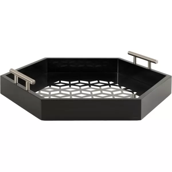 Kate and Laurel Caspen Cut Out Pattern Decorative Hexagon Tray with Gold Metal Handles 16 x 18 White and Gold Modern Glam Serving Tray with Handles for Living Room DecorBlack