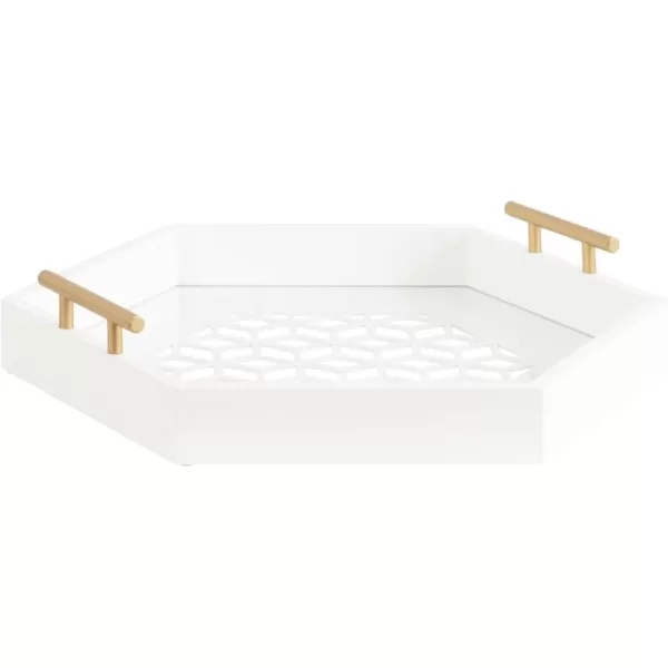 Kate and Laurel Caspen Cut Out Pattern Decorative Hexagon Tray with Gold Metal Handles 16 x 18 White and Gold Modern Glam Serving Tray with Handles for Living Room DecorWhite