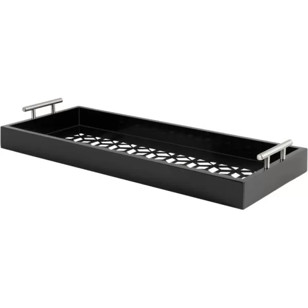 Kate and Laurel Caspen Cut Out Pattern Decorative Rectangle Tray with Silver Metal Handles 10 x 24 Black and Silver Modern Glam Serving Tray with Handles for Living Room Decor