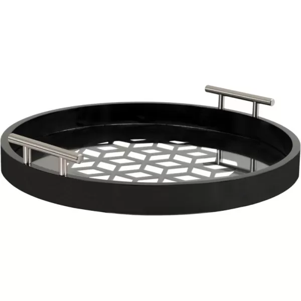 Kate and Laurel Caspen Cut Out Pattern Decorative Round Tray with Silver Metal Handles 16 x 16 Black and Silver Modern Glam Serving Tray with Handles for Living Room DecorBlack