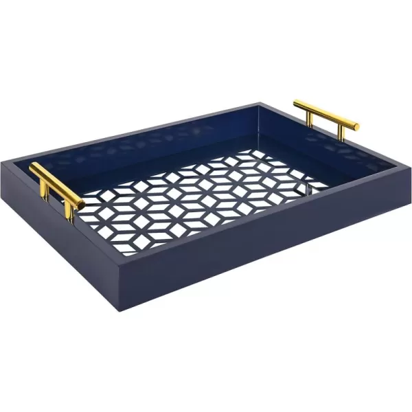 Kate and Laurel Caspen Rectangle Cut Out Pattern Decorative Tray with Gold Metal Handles 165quot x1225quot Navy Blue and GoldNavy Blue