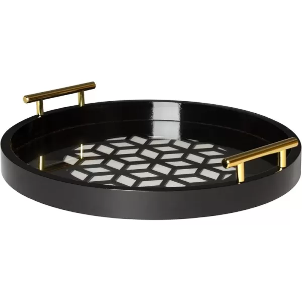 Kate and Laurel Caspen Round Cut Out Pattern Decorative Tray with Gold Metal Handles 155quot Navy and GoldBlack