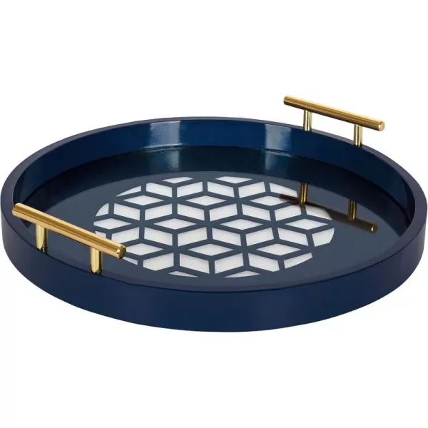 Kate and Laurel Caspen Round Cut Out Pattern Decorative Tray with Gold Metal Handles 155quot Navy and GoldNavy Blue